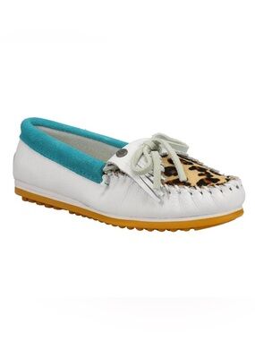 Minnetonka White Leather Turquoise Suede Leopard Kilty Plus Moccasins Shoes 6.5🐆